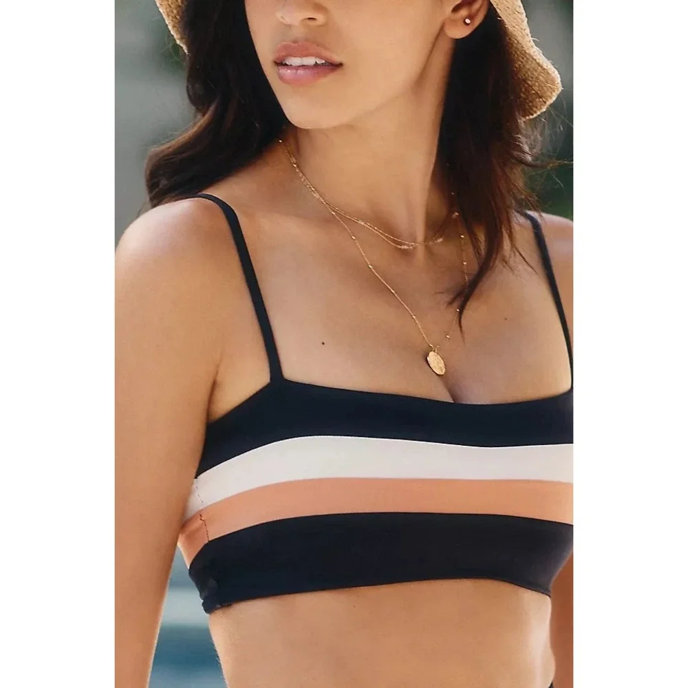 L*Space $127 Women's Sz Small Rebel Stripe Bikini Top in Black, Cream, Tan